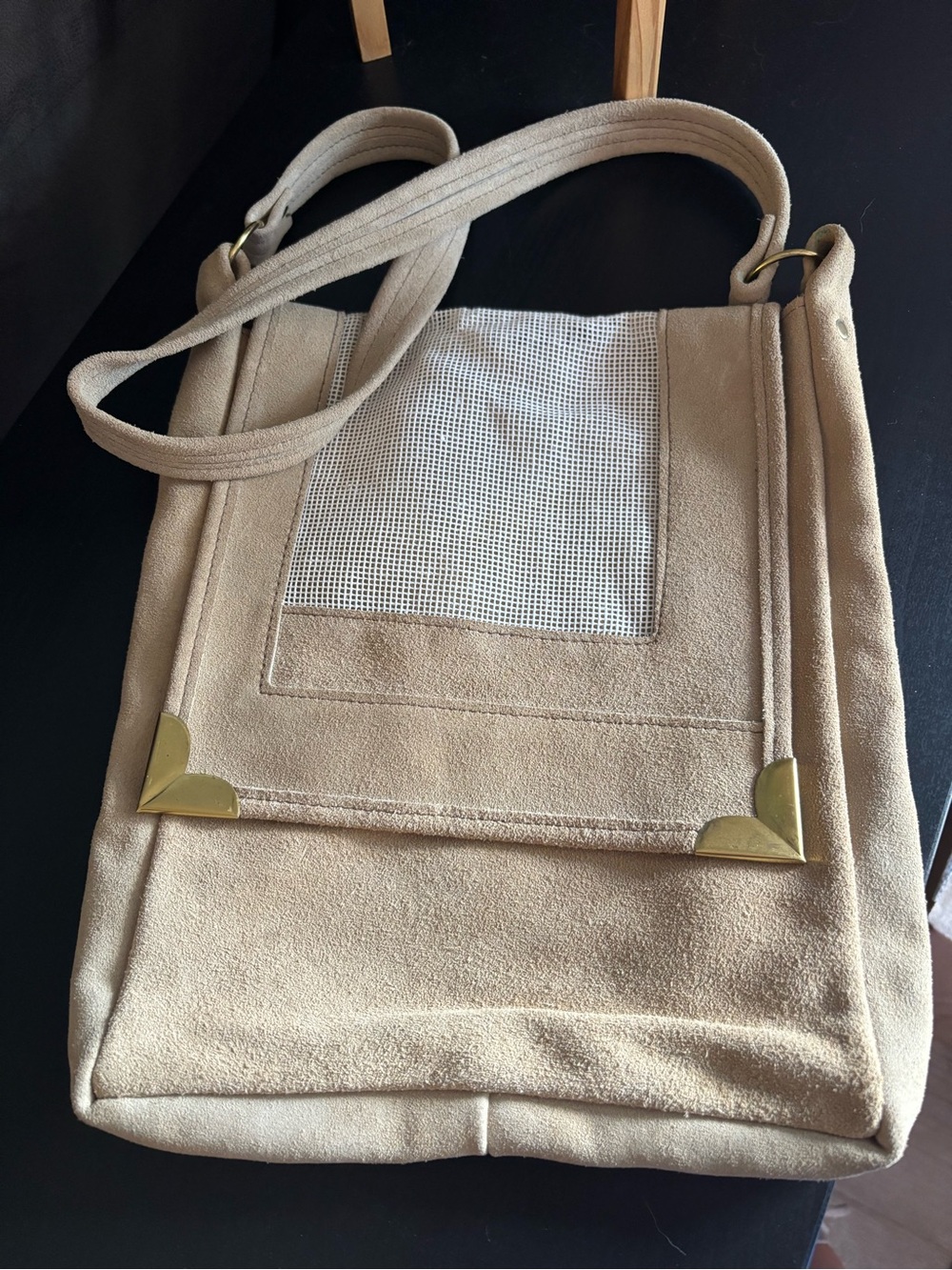 Beige Vintage Boho Suede Shoulder Bag Flap Closure with Gold Corner Accents
